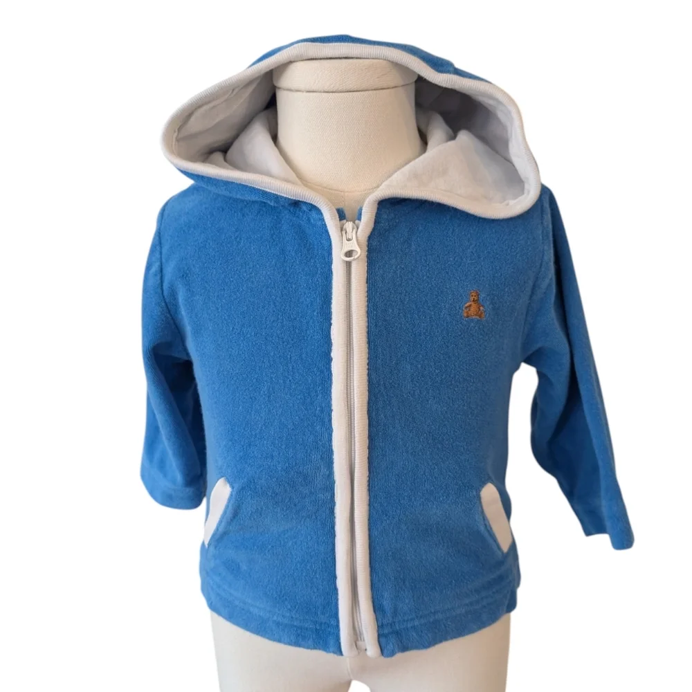 Gap Baby Y2K Blue‎ Hooded Terry Cloth Jacket Embroidered Bear Size 6/12 Months